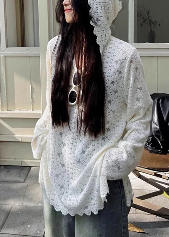 Chemises de printemps à fleurs modernes en dentelle, tricot à capuche blanc