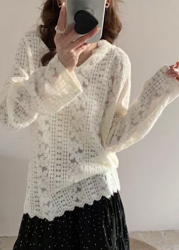Chemises de printemps à fleurs modernes en dentelle, tricot à capuche blanc