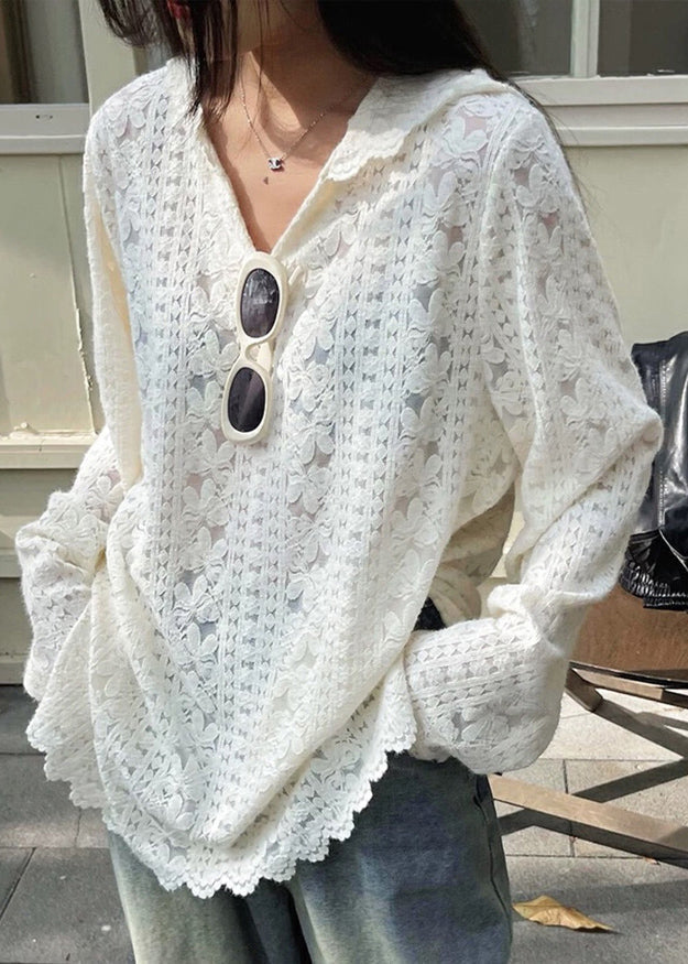 Chemises de printemps à fleurs modernes en dentelle, tricot à capuche blanc