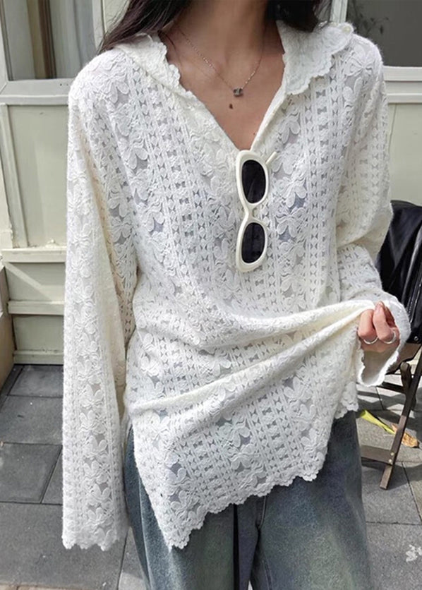 Chemises de printemps à fleurs modernes en dentelle, tricot à capuche blanc