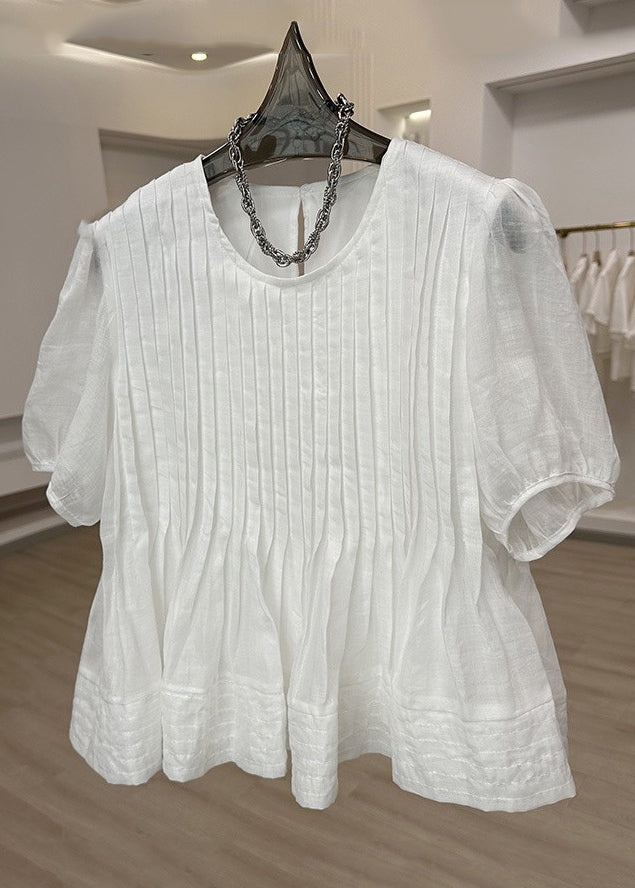 Modern White O-Neck Wrinkled Patchwork Top Short Sleeve VB1074