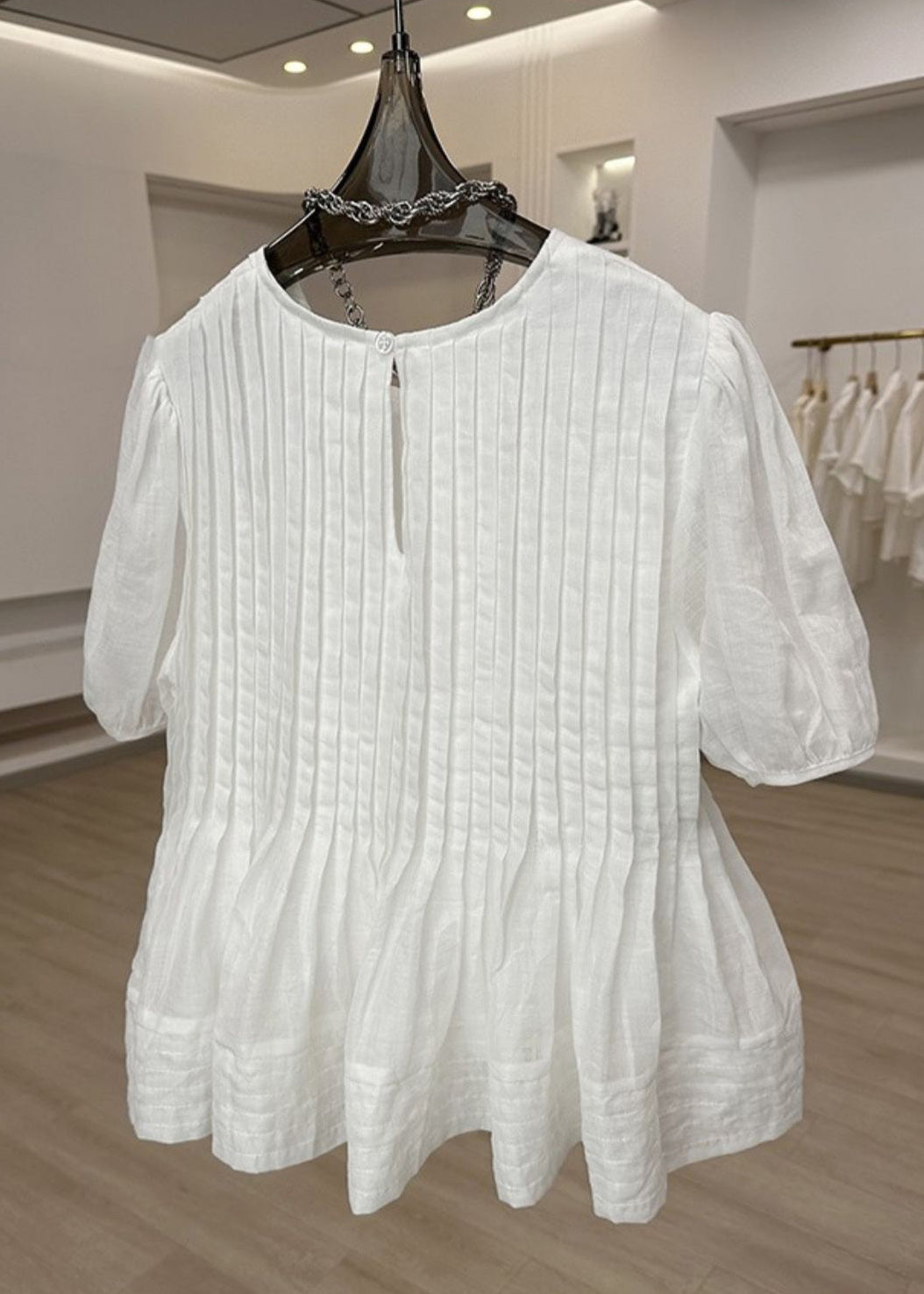 Modern White O-Neck Wrinkled Patchwork Top Short Sleeve VB1074