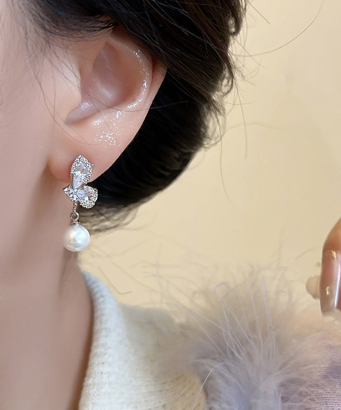 Drop Silver Modern White Out Hollow Zircon Sterling Butterfly