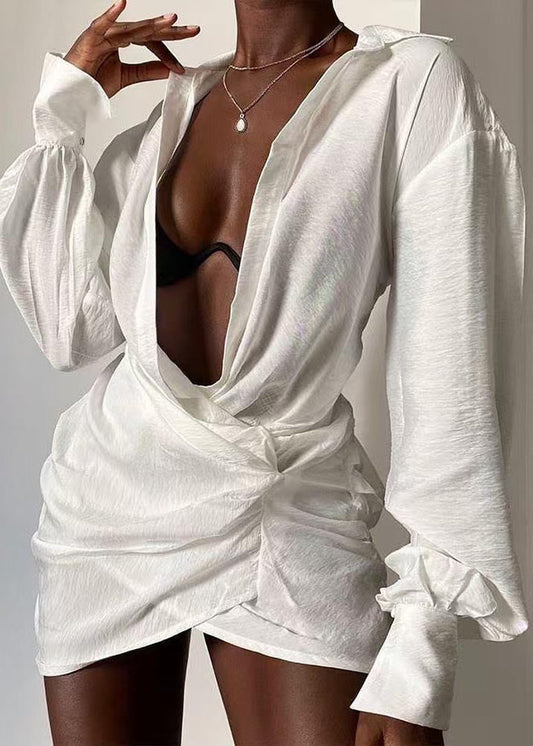 White V Cotton Patchwork Shirt Modern Dress Mini Summer Neck