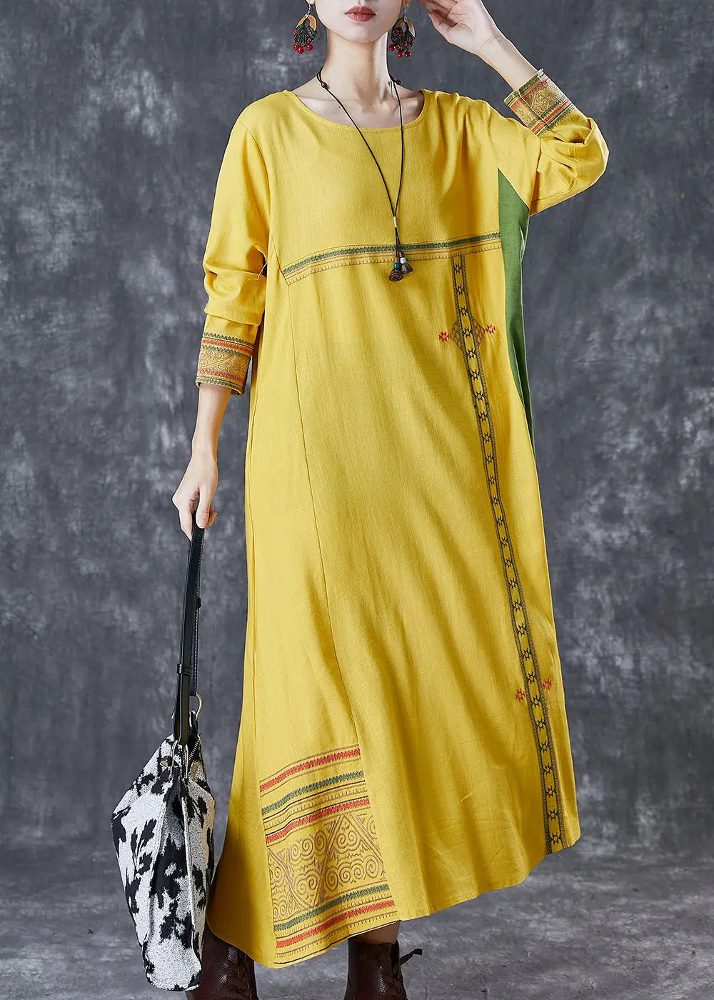 Modern Yellow Embroidered Patchwork Linen Maxi Dresses Spring Ada Fashion