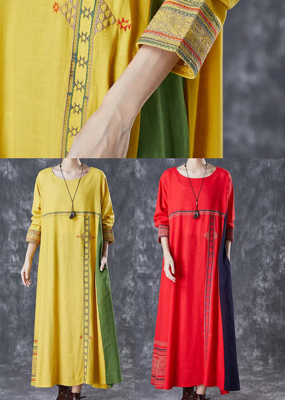 Modern Yellow Embroidered Patchwork Linen Maxi Dresses Spring Ada Fashion