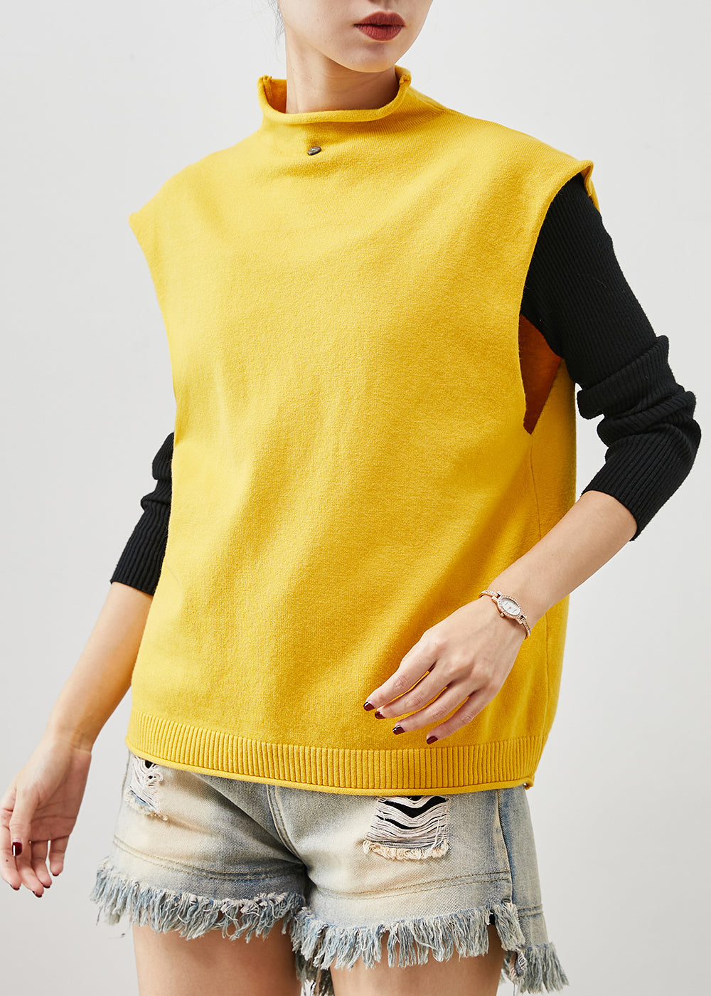 Modern Yellow Turtle Neck Knit Vest Top Spring YU1064