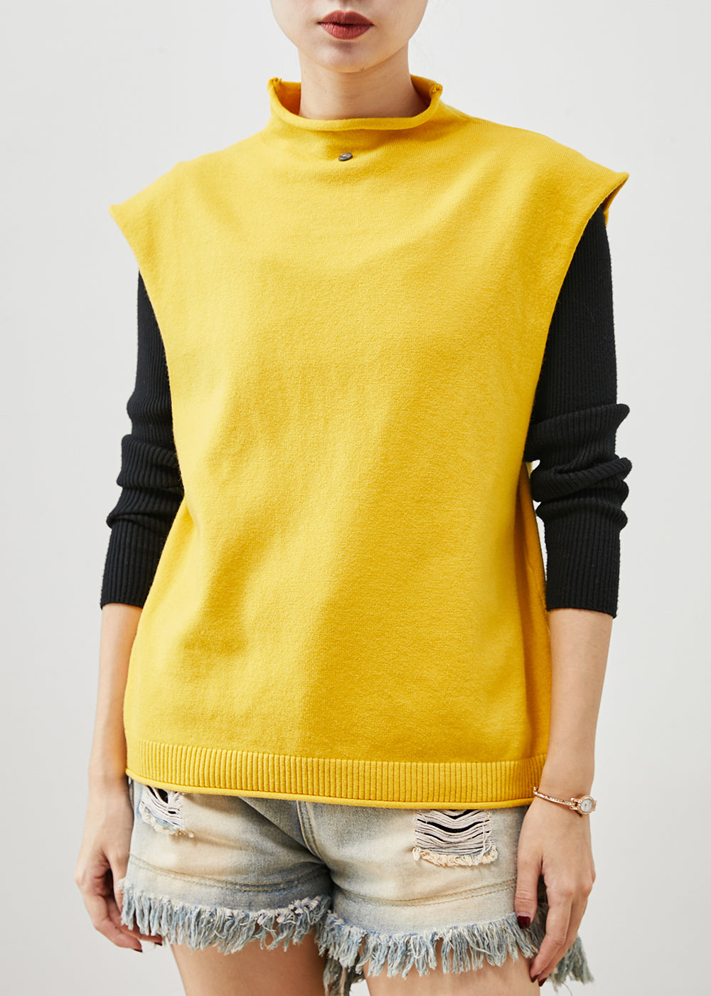 Modern Yellow Turtle Neck Knit Vest Top Spring YU1064