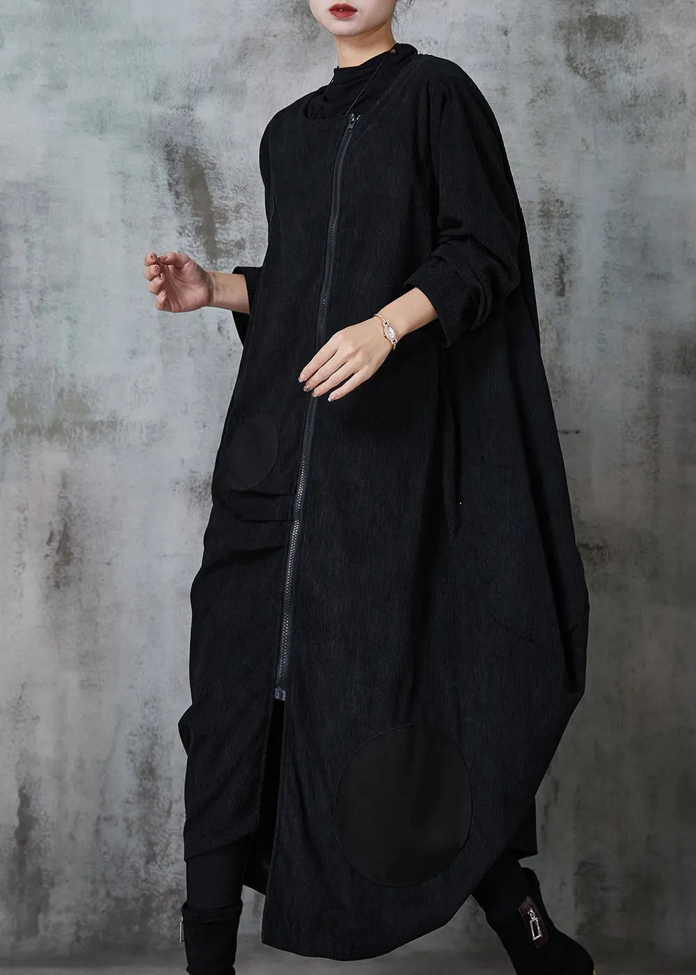 Natural Black Asymmetrical Zippered Cotton Coats Spring Ada Fashion