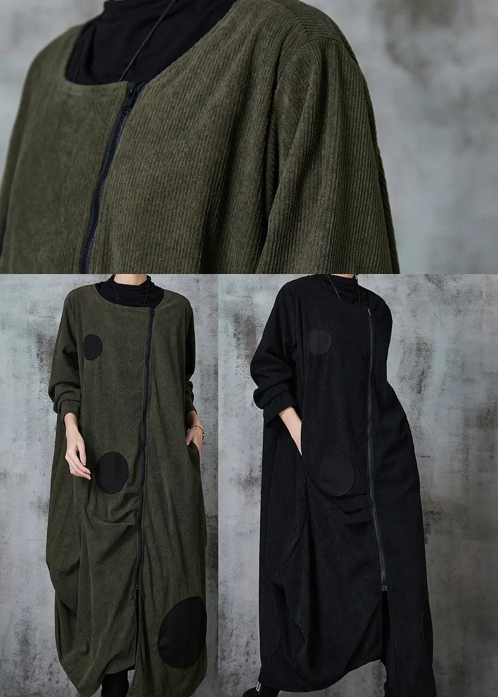 Natural Black Asymmetrical Zippered Cotton Coats Spring Ada Fashion