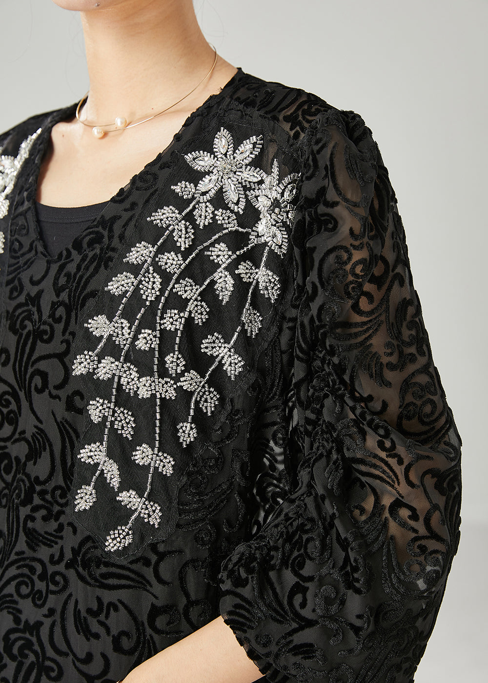 Natural Black Embroidered Jacquard Tulle Shirt Tops Spring YU1049