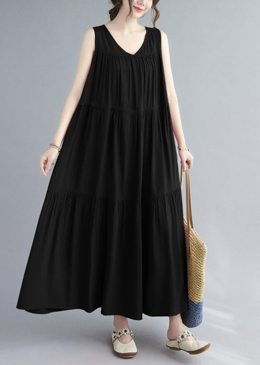 Natural Black Wrinkled Patchwork Long Dress Summer GH1016