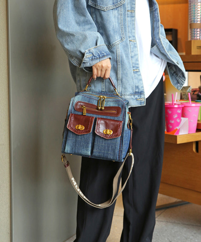 Natural Denim Blue Patchwork Canvas Backpack Bag MM033