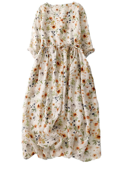 Natural Green V Neck Print Drawstring Cotton Long Dresses Summer AM1067