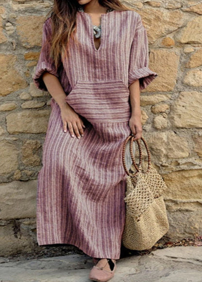 Natural Grey O-Neck Striped Patchwork Long Dresses Spring AH382