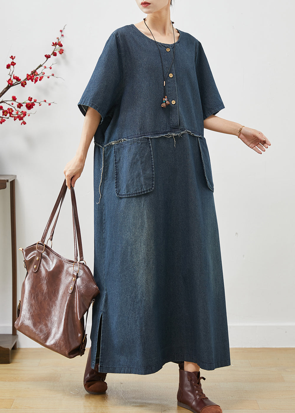 Natural Navy Oversized Pockets Denim Maxi Dresses Summer AP1074