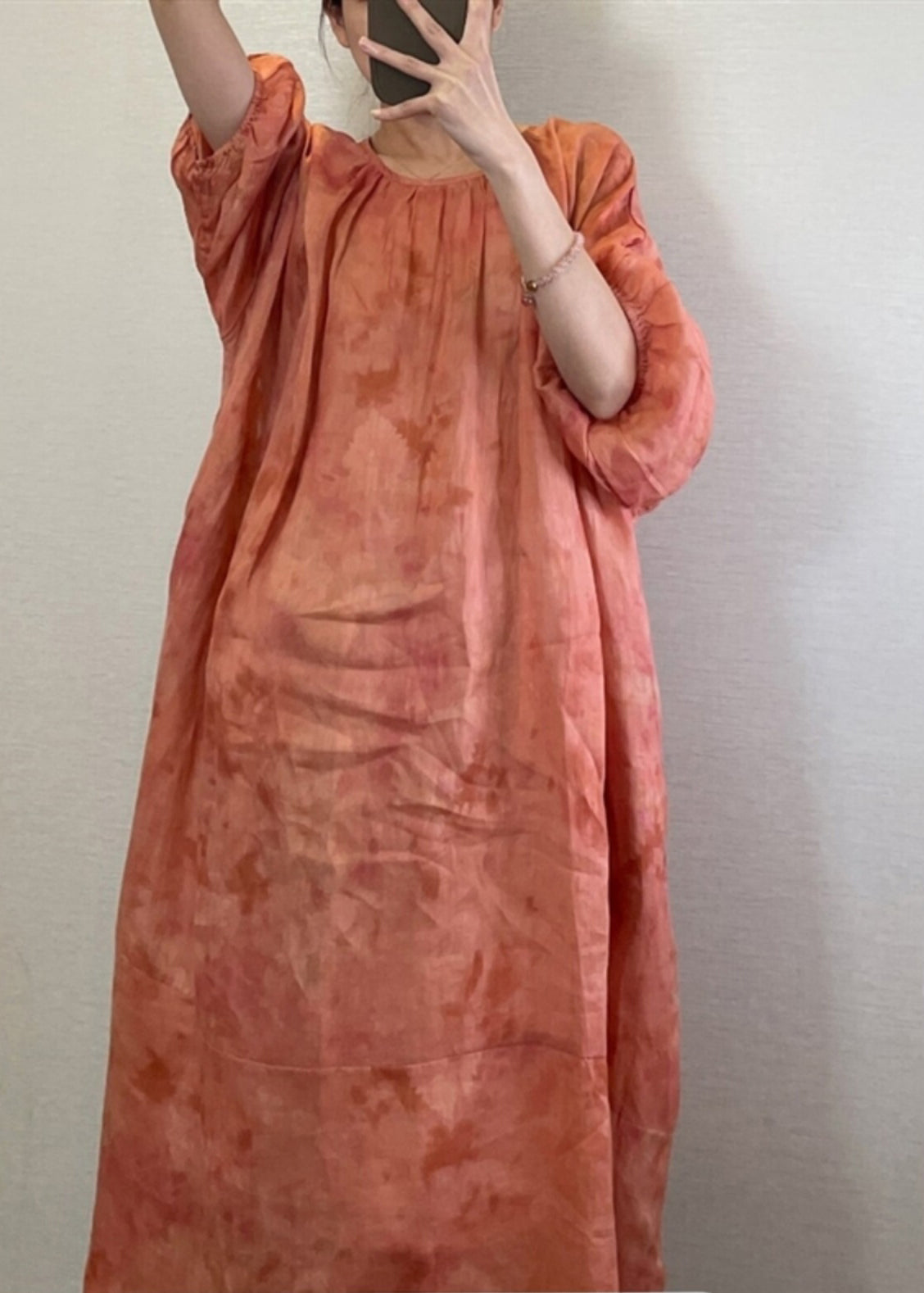 Robe longue orange naturelle à col rond et manches lanternes UU1062