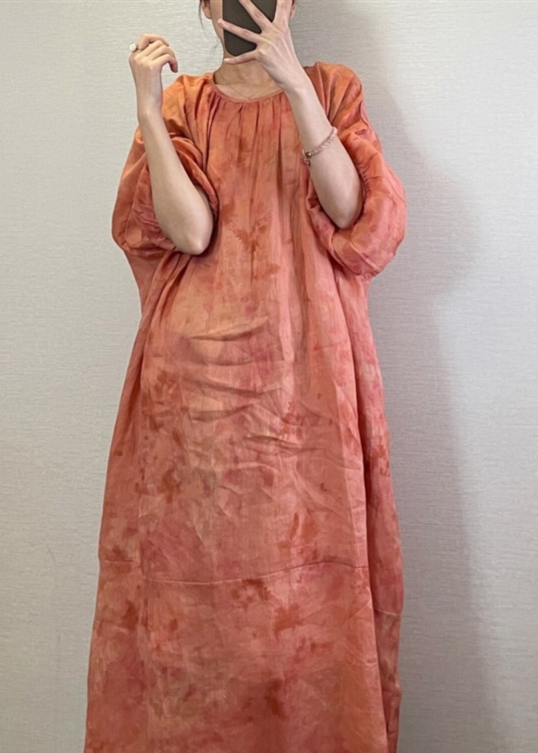 Robe longue orange naturelle à col rond et manches lanternes UU1062