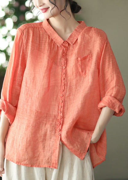 Natural Orange Peter Pan Collar Ramie Shirt Spring Long Sleeve UU020