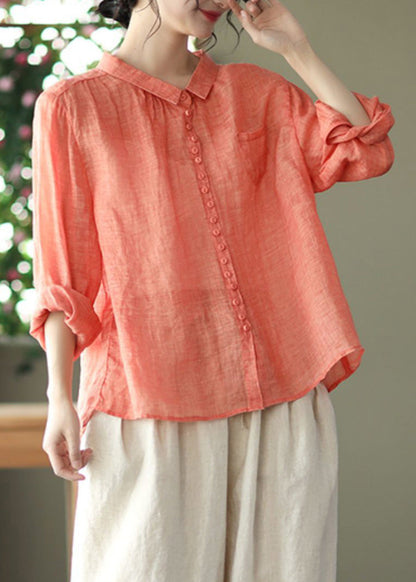 Natural Orange Peter Pan Collar Ramie Shirt Spring Long Sleeve UU020