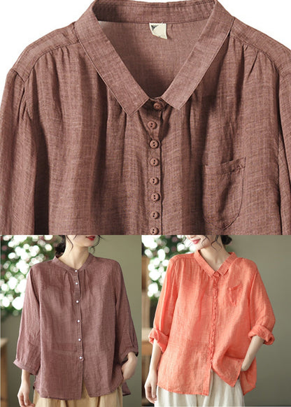 Natural Orange Peter Pan Collar Ramie Shirt Spring Long Sleeve UU020