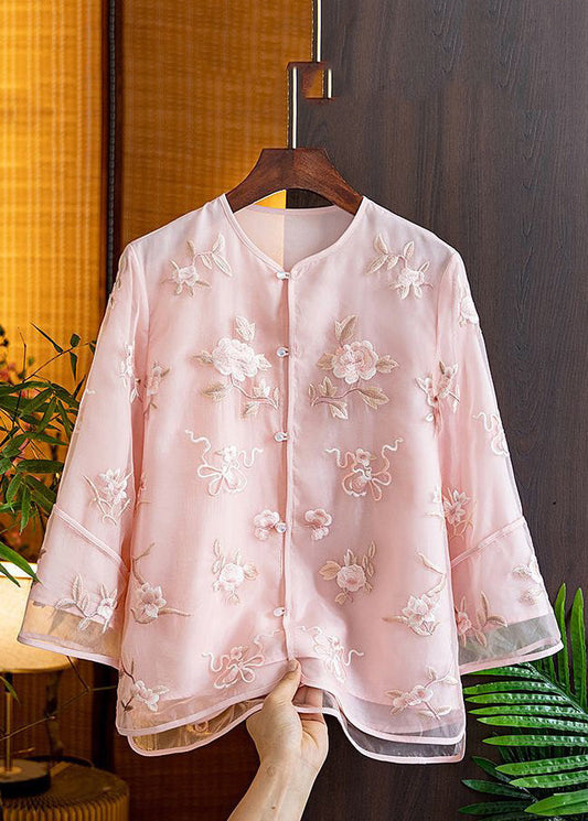 Natural Pink V Neck Embroidered Floral Tulle Shirts Spring AM1055