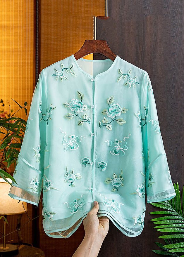 Natural Pink V Neck Embroidered Floral Tulle Shirts Spring AM1055