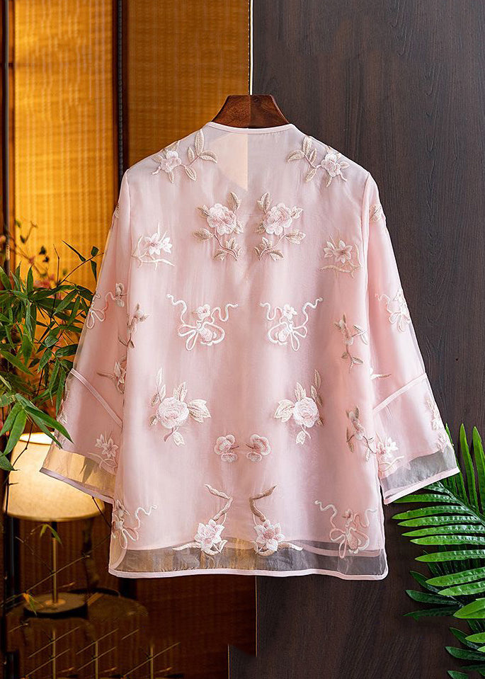 Natural Pink V Neck Embroidered Floral Tulle Shirts Spring AM1055