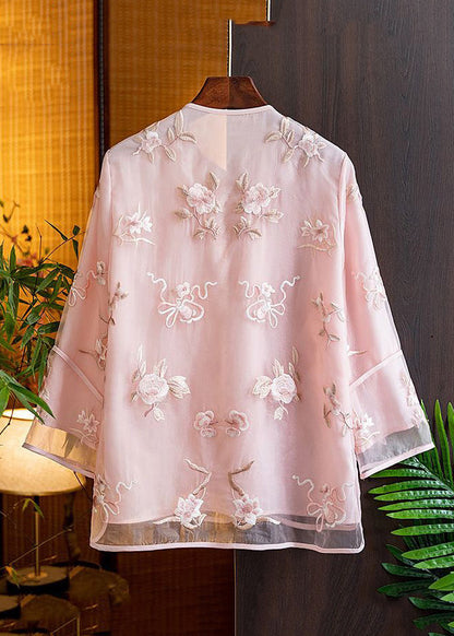 Natural Pink V Neck Embroidered Floral Tulle Shirts Spring AM1055