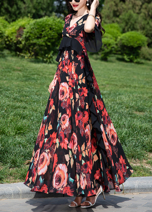 Natural Red V Neck Ruffled Print Chiffon Vacation Dresses Summer XX063