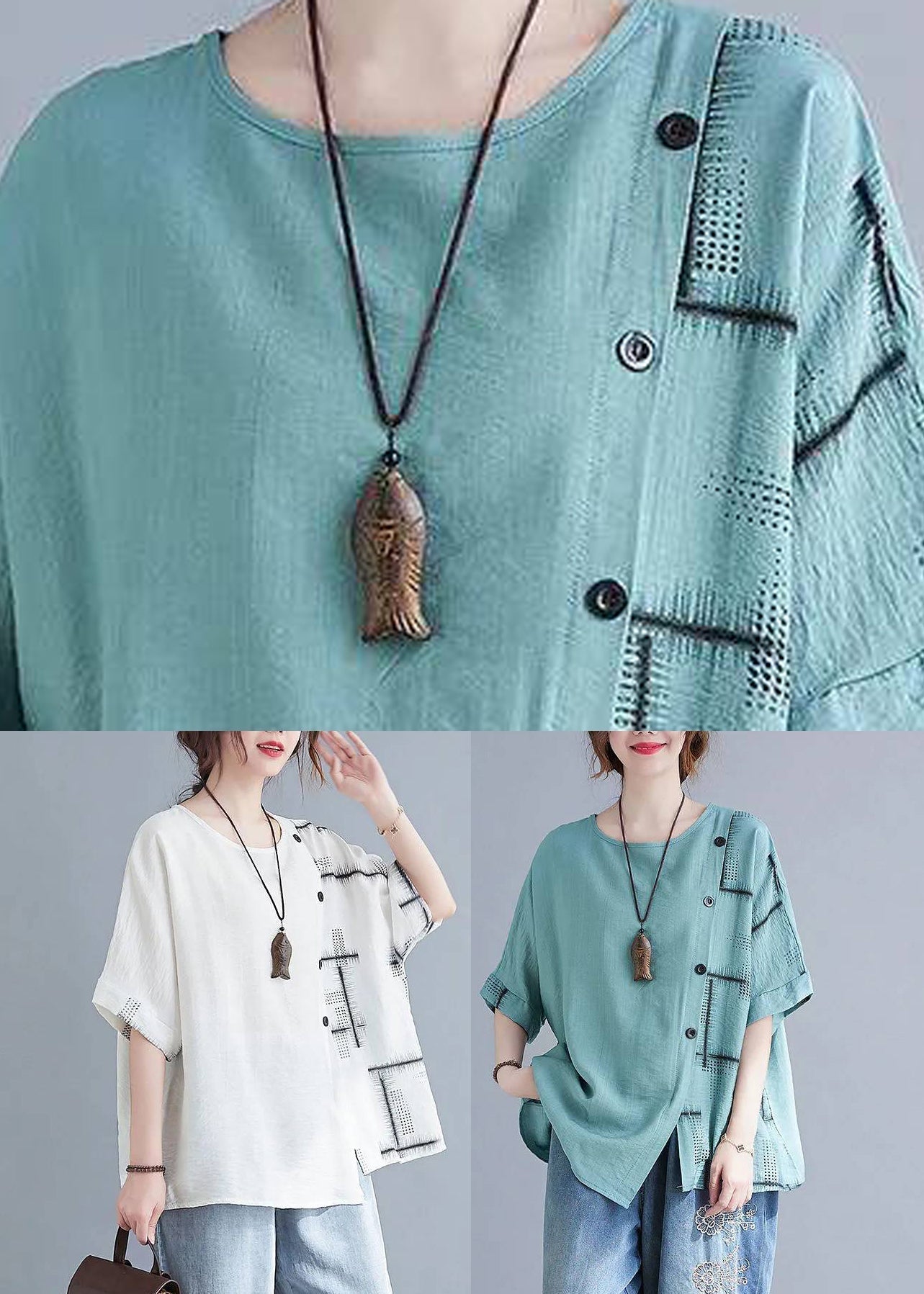 Turquoise Summer Natural Asymmetrical Plaid Tops