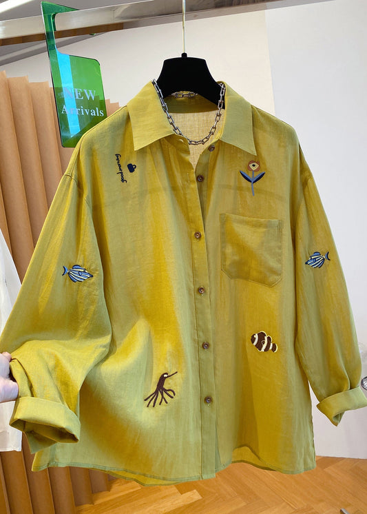 Peter Shirt Yellow Collar Natural Cotton Pan Embroidered Tops