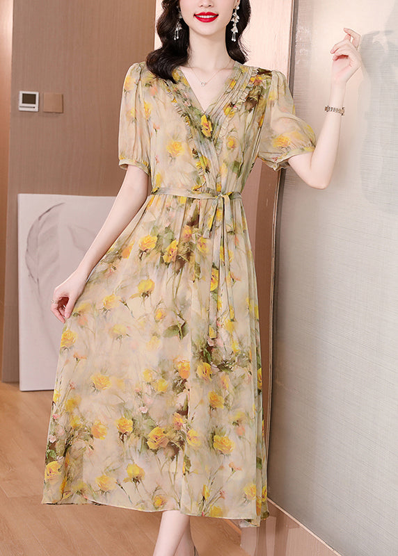 Robe d'été en soie jaune naturelle à col en V et lacets BB023