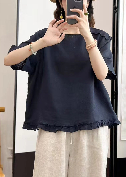 Hals Navy Button Bluse Solid O Leinen Tops Sommer