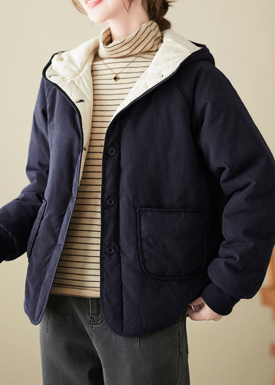 Veste ample à capuche en coton fin bleu marine avec poches et boutons à ressort TI008
