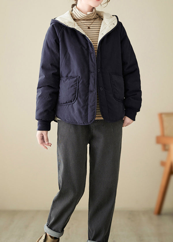 Veste ample à capuche en coton fin bleu marine avec poches et boutons à ressort TI008