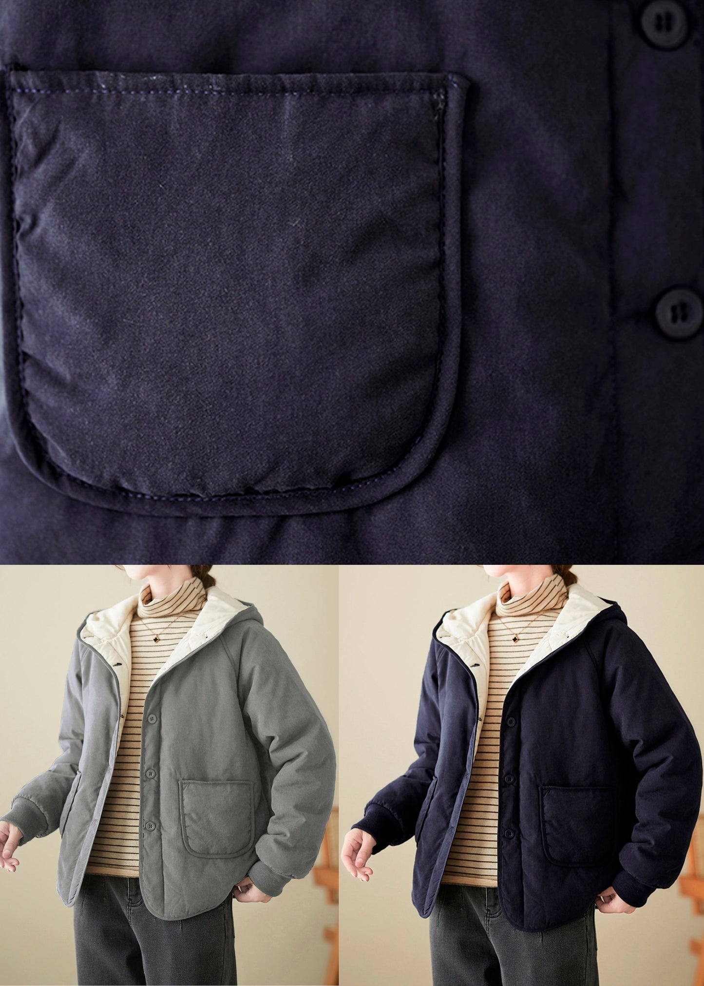 Veste ample à capuche en coton fin bleu marine avec poches et boutons à ressort TI008
