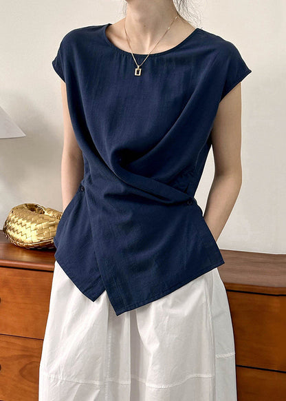 Navy O-Neck Asymmetrical Top mmer QE057