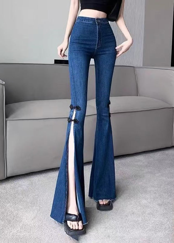 Pantalon en denim bleu marine coupe slim à pattes d'éléphant, boutonnage chinois, ouverture latérale, printemps YF020