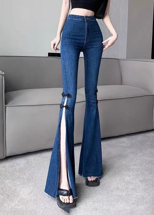 Pantalon en denim bleu marine coupe slim à pattes d'éléphant, boutonnage chinois, ouverture latérale, printemps YF020