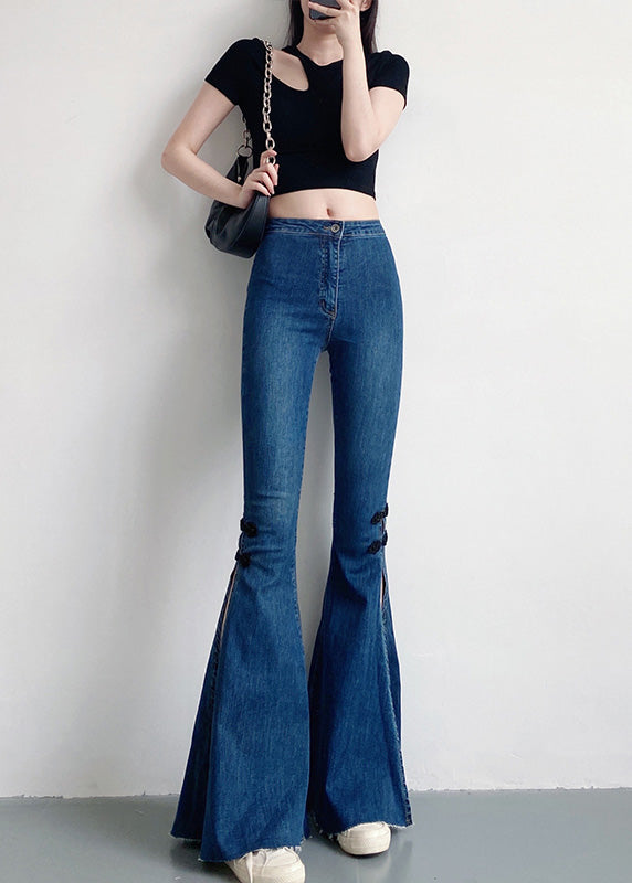 Pantalon en denim bleu marine coupe slim à pattes d'éléphant, boutonnage chinois, ouverture latérale, printemps YF020