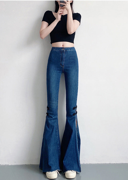 Pantalon en denim bleu marine coupe slim à pattes d'éléphant, boutonnage chinois, ouverture latérale, printemps YF020