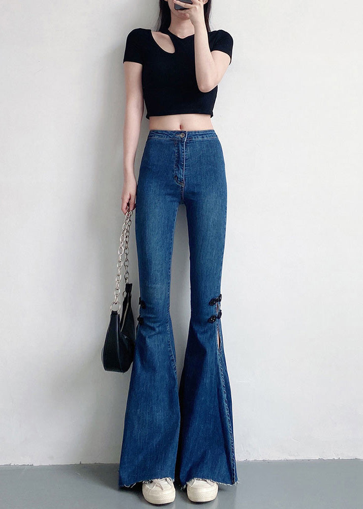 Pantalon en denim bleu marine coupe slim à pattes d'éléphant, boutonnage chinois, ouverture latérale, printemps YF020