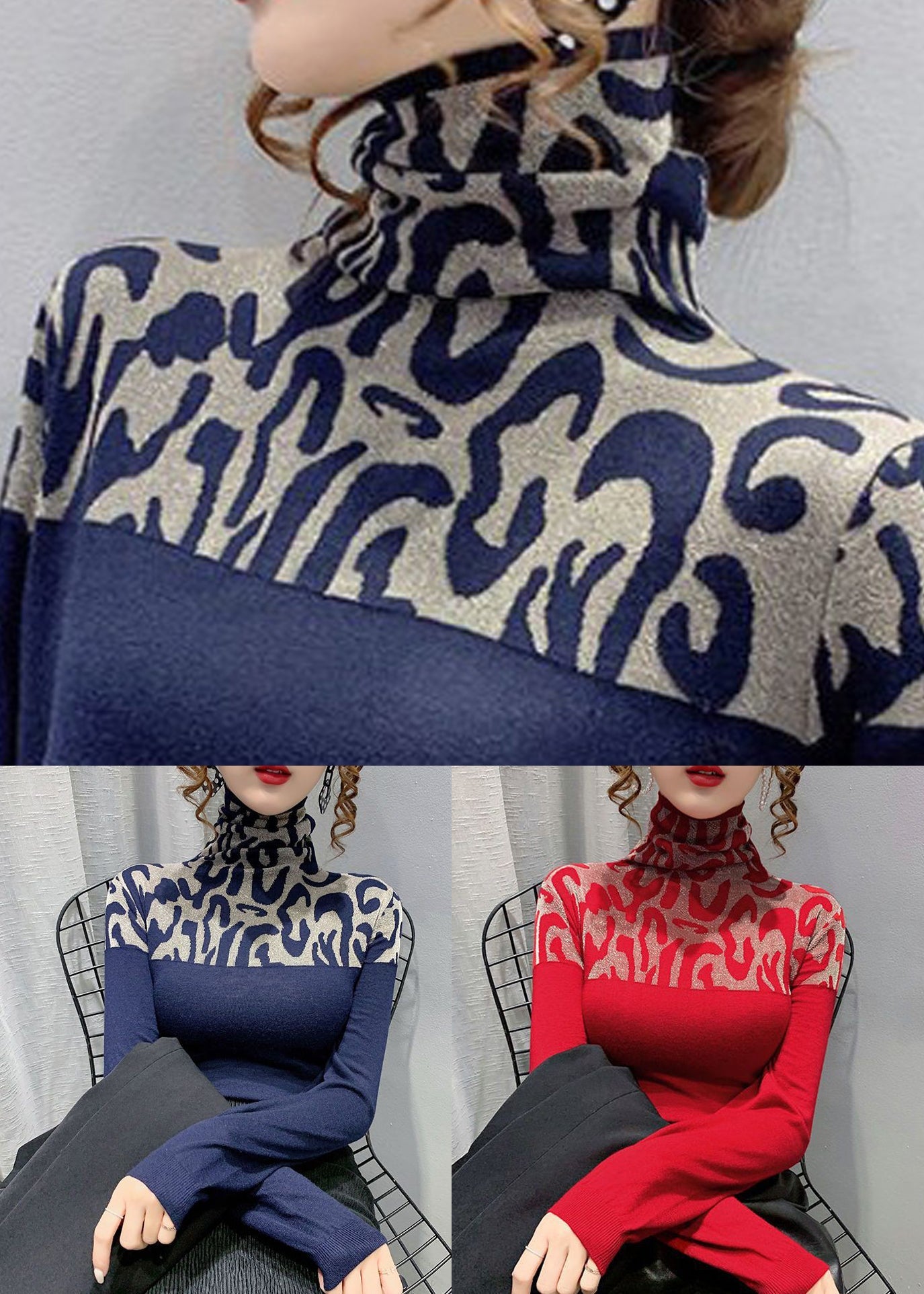 Spring Slim Cotton Navy Patchwork Top Fit Turtleneck