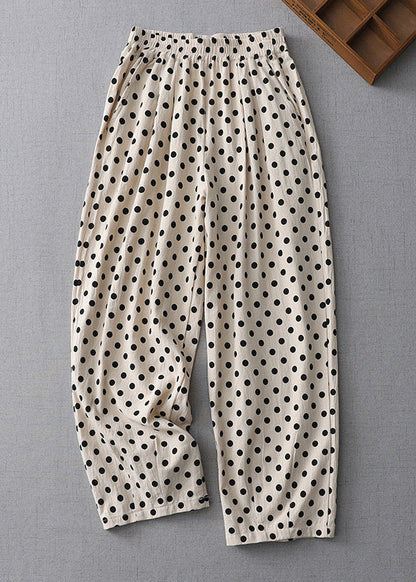 New Apricot Dot Pockets Elastic Waist Cotton Crop Pants Summer GG059