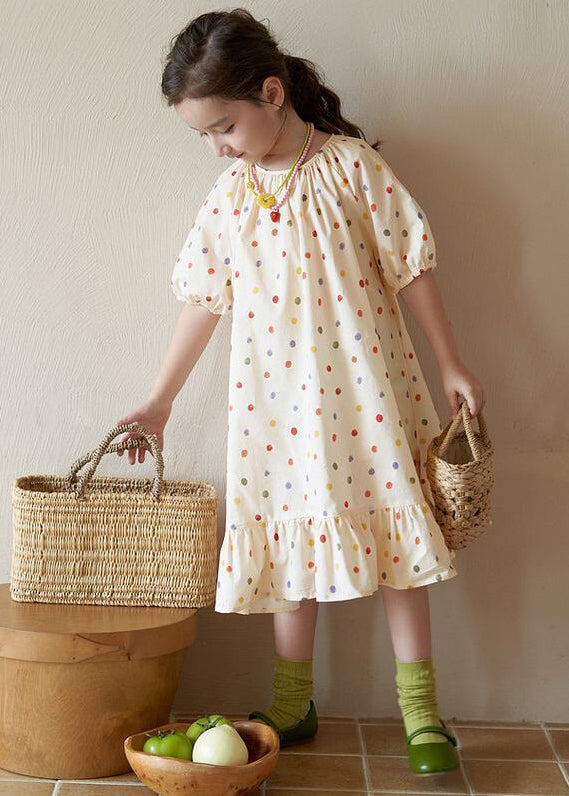 New Apricot O Neck Print Cotton Girls Long Dresses Summer EW040