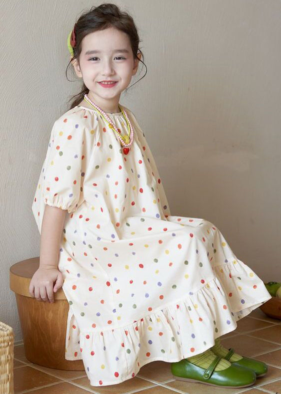 New Apricot O Neck Print Cotton Girls Long Dresses Summer EW040