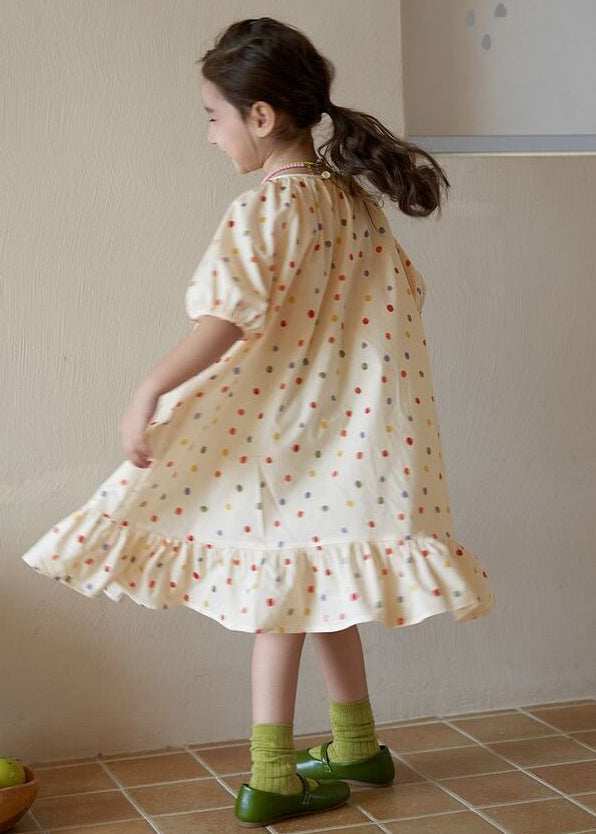 New Apricot O Neck Print Cotton Girls Long Dresses Summer EW040