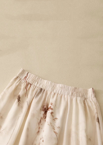 New Apricot Print Elastic Waist Linen Skirts Summer GG029