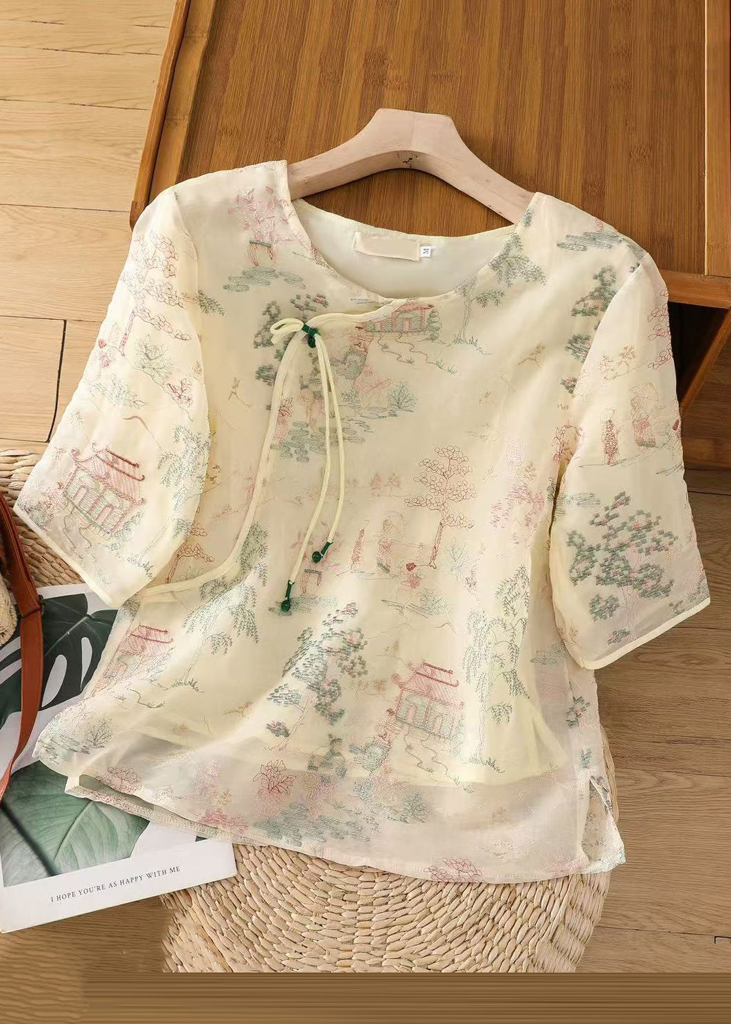 Chemisier demi-manches en tulle abricot, imprimé ouvert, nouveau côté